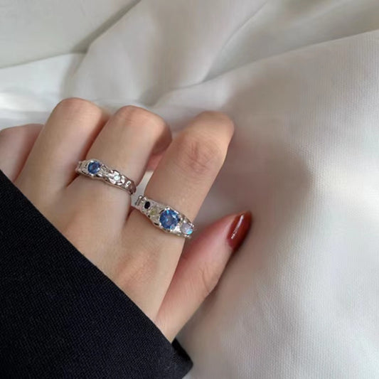 Full S925 Sterling Silver Fashion Irregular Lava Fold Texture Set with Diamond Blue Zircon Moonlight Stone Ring