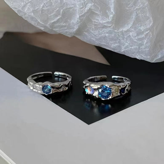 Full S925 Sterling Silver Fashion Irregular Lava Fold Texture Set with Diamond Blue Zircon Moonlight Stone Ring
