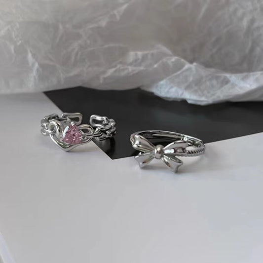 Full S925 Sterling Silver Fashion Sweet Cool Pink Diamond Love Chain Band Ring Bow Knot Ring