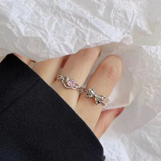Full S925 Sterling Silver Fashion Sweet Cool Pink Diamond Love Chain Band Ring Bow Knot Ring