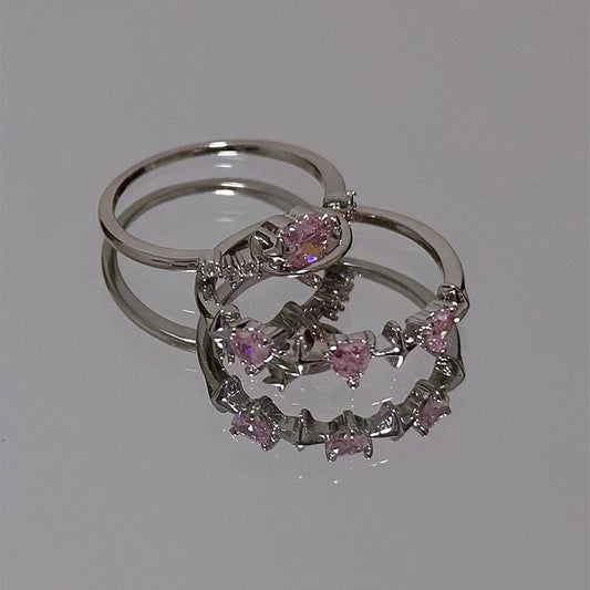 Sweet and Cool Pink Diamond Love Ring in Korean Fashion, Personality, and Small Crowd Design, Cool and Exquisite Zircon Index Finger Ring for Women