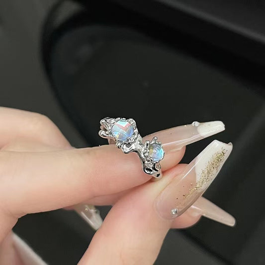 Moonlight Stone Small Design Sense INS Cold Wind Ring Female Gem High Grade Sense French Irregular Fold Ring
