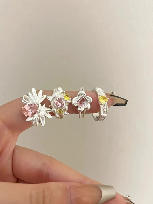 2023 New Pink Zircon Love Flower Layered Ring for Women's Fashion Versatile Personalized Opening Index Finger Ring