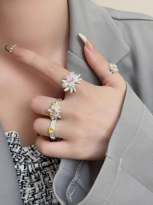 2023 New Pink Zircon Love Flower Layered Ring for Women's Fashion Versatile Personalized Opening Index Finger Ring