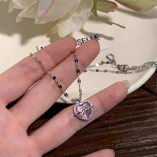 Pink Love Pulling Double Layer Necklace for Women, Light Luxury, Small and Popular, Advanced Design and Accessories, Popular on the Internet, Summer Edition