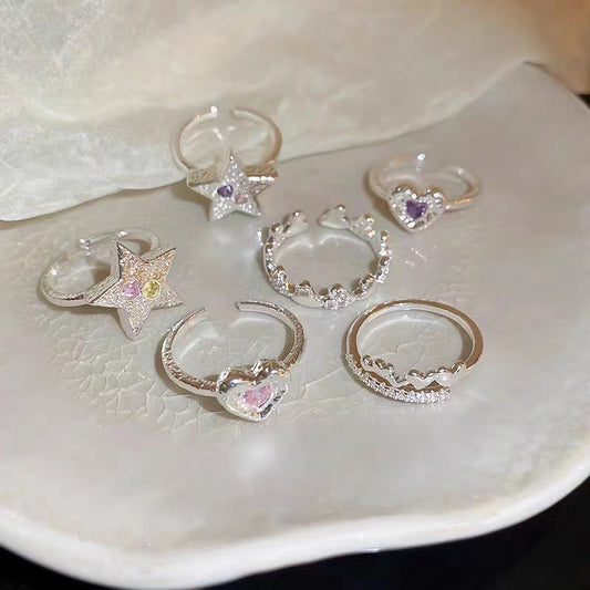 Zircon Heart Star Open Ring, Luxury and Small, Simple Index Finger Ring, Sweet and Cool, Elegant and High Grade Handicrafted Girl