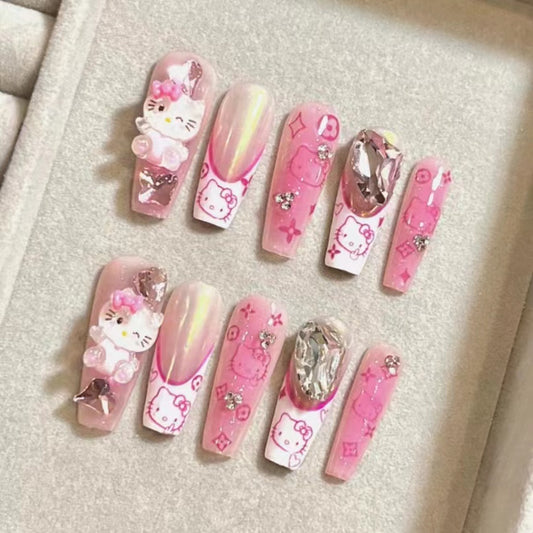Sweet Spicy Girl Cute Aurora French Kitty Cat Nail Patch Pure Hand Wearing Nail False Nail Patch Finished Product