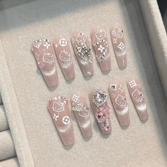 Hand worn nail super cute kitty cat eye powder blusher halo dye sweet cool flash white removable nail