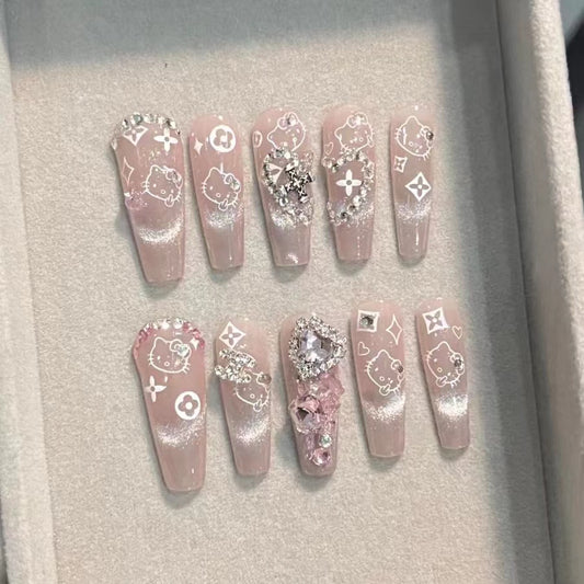 Hand worn nail super cute kitty cat eye powder blusher halo dye sweet cool flash white removable nail