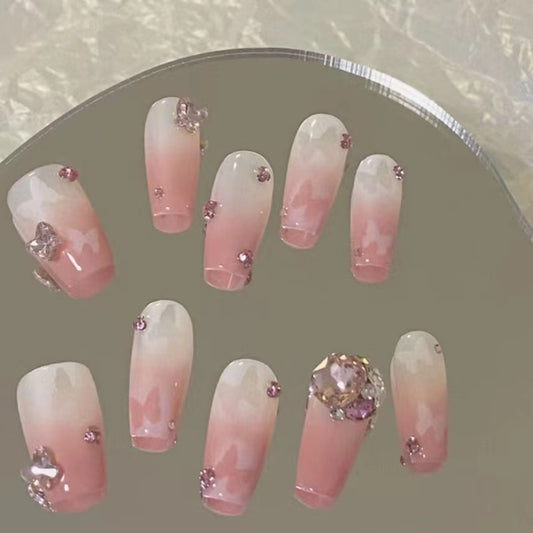 Pure handmade nail and nail enhancement, niche heavy industry, explosive flash K9 diamond, rich family gold, broken diamond, white, medium length nail stickers
