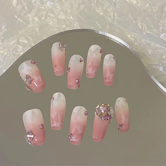 Pure handmade nail and nail enhancement, niche heavy industry, explosive flash K9 diamond, rich family gold, broken diamond, white, medium length nail stickers
