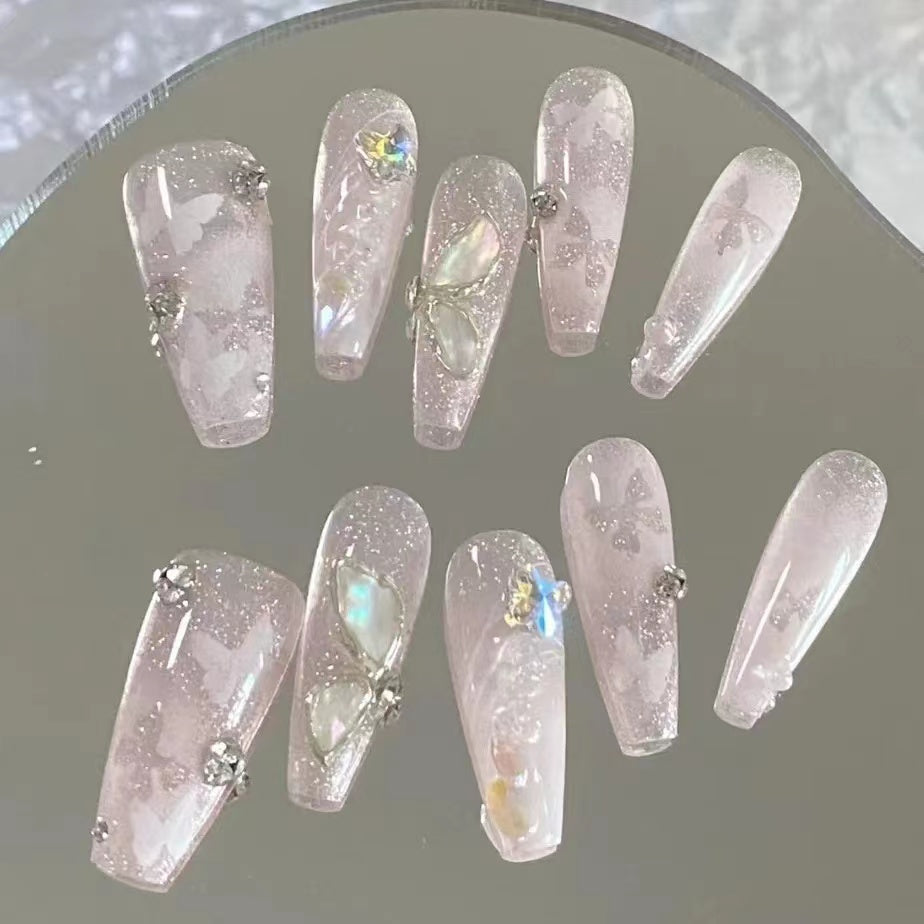 Pink Purple Broken Diamond Ribbon Gradual Butterfly Wearing Nail Enhancement Product Customized Explosive Flashing Gentle Japanese Advanced Nail Patch