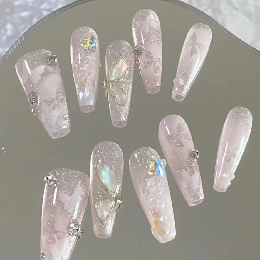 Pink Purple Broken Diamond Ribbon Gradual Butterfly Wearing Nail Enhancement Product Customized Explosive Flashing Gentle Japanese Advanced Nail Patch