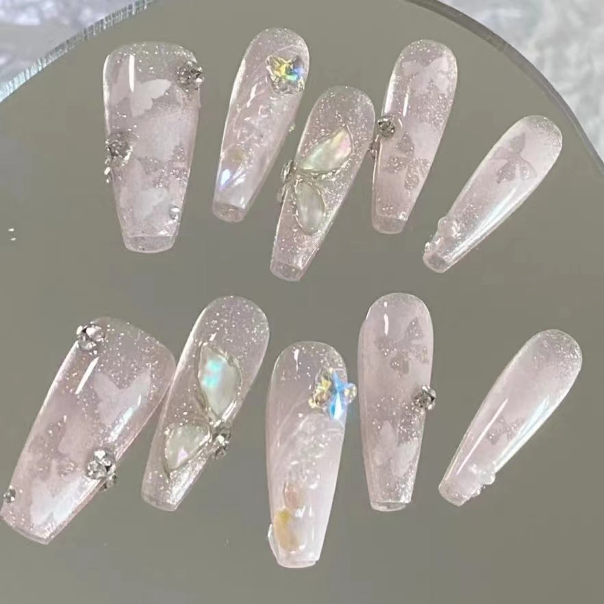 Pink Purple Broken Diamond Ribbon Gradual Butterfly Wearing Nail Enhancement Product Customized Explosive Flashing Gentle Japanese Advanced Nail Patch