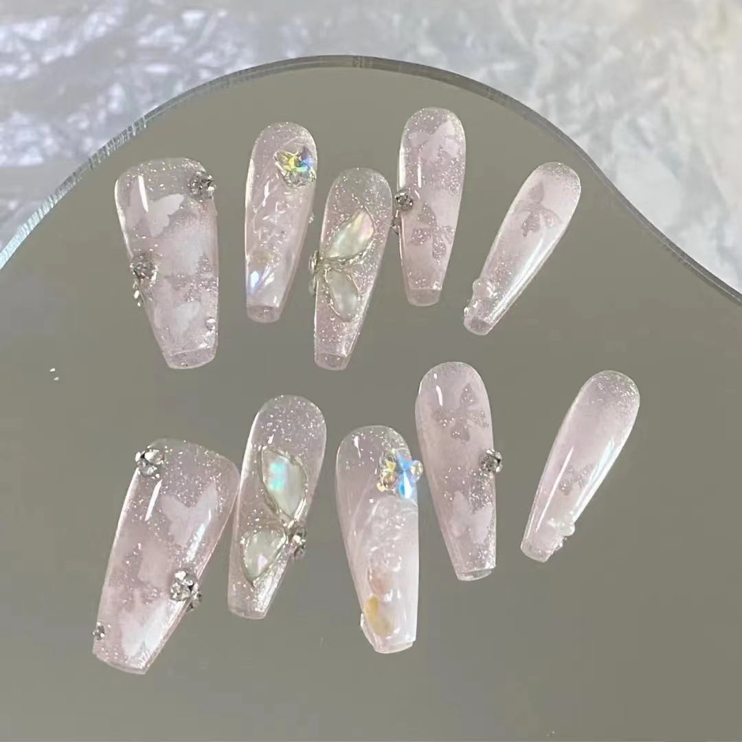 Pink Purple Broken Diamond Ribbon Gradual Butterfly Wearing Nail Enhancement Product Customized Explosive Flashing Gentle Japanese Advanced Nail Patch