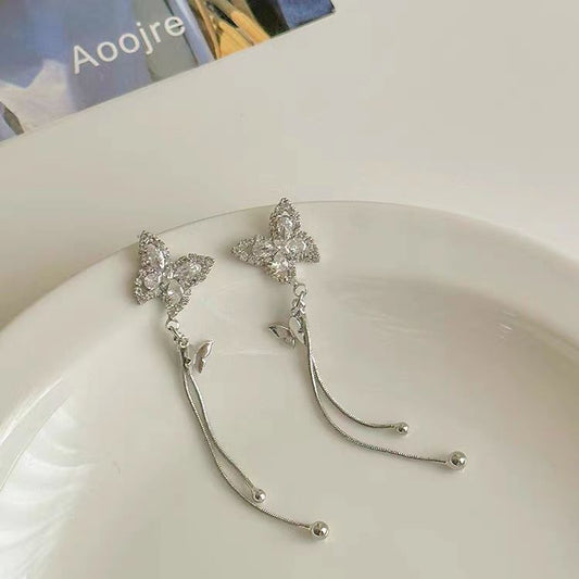Long tassel butterfly earrings, light luxury and niche design, ear studs, 2023, new temperament, exquisite earrings, and earrings for women