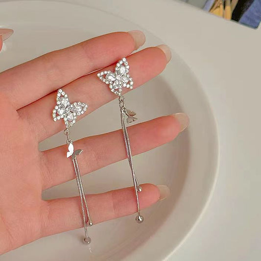 Long tassel butterfly earrings, light luxury and niche design, ear studs, 2023, new temperament, exquisite earrings, and earrings for women