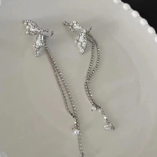 White Elf Ear Flashing Butterfly Fairy Gas Tassel Butterfly Earbone Clip Female Minority Design Sense Earrings Sweet Earrings