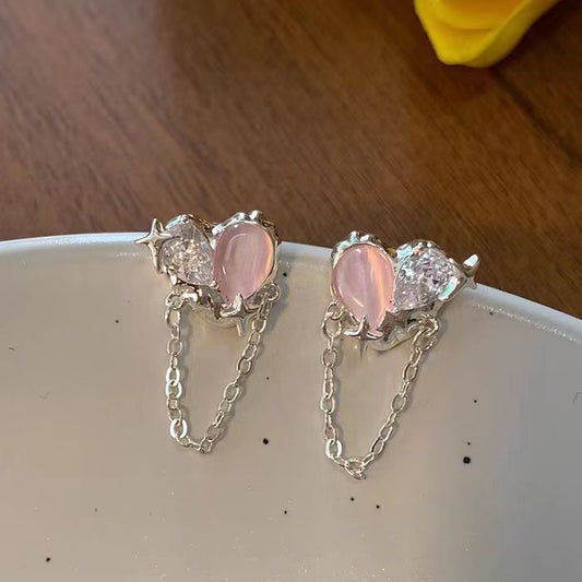 Sweet and Cool Pink Love Zircon Earrings, Feminine Style Tassel Earrings, Junior Design, High Sense 2023 New Earrings