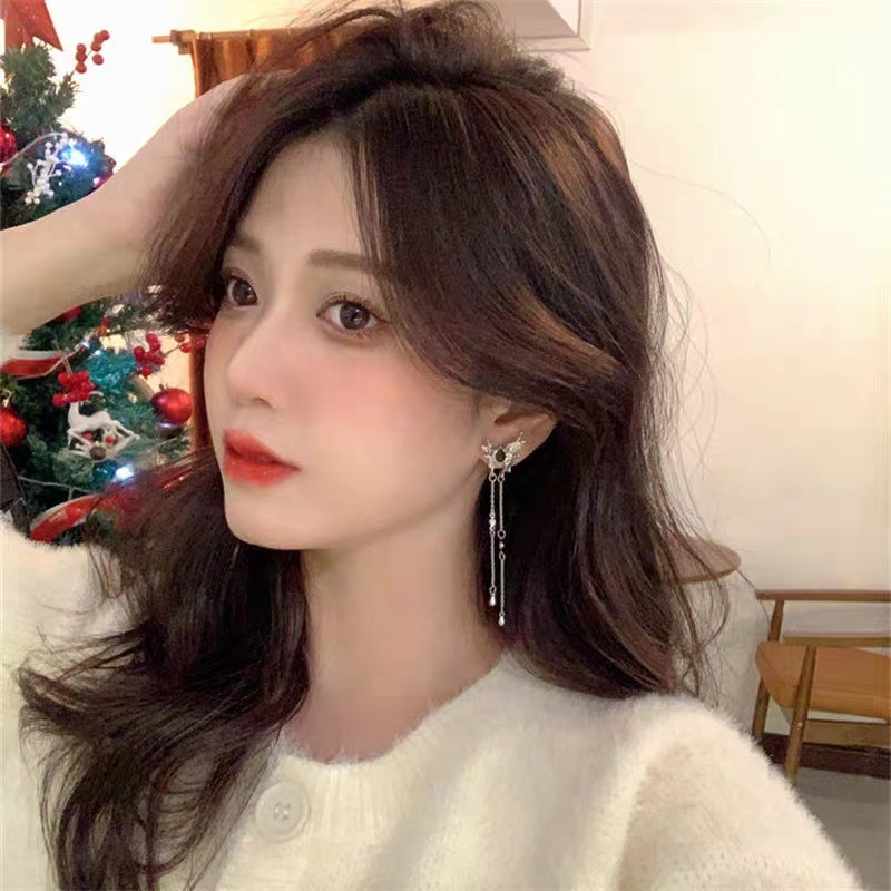 Liquid bow tassel earrings show off the face, small earrings, niche design, advanced cold style earrings, ear clips, no ear holes