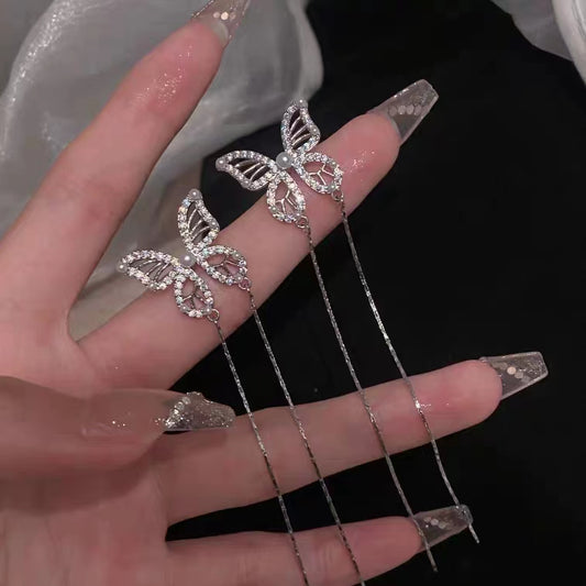 Butterfly Tassel Earrings Earrings Earpins Female Round Face Slim and High Grade Feel Cold Wind Mesh Red Earrings