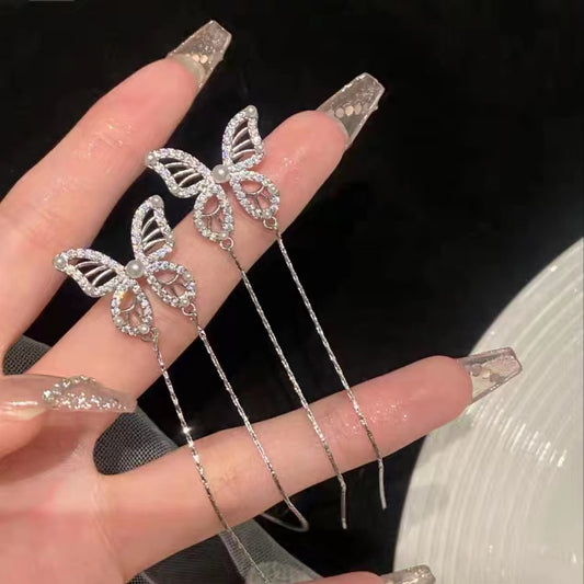 Butterfly Tassel Earrings Earrings Earpins Female Round Face Slim and High Grade Feel Cold Wind Mesh Red Earrings