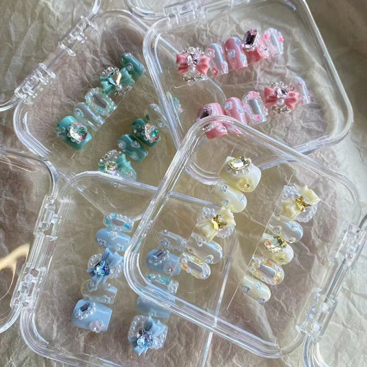 Pure handmade Sweetheart Spicy Girl High grade Nail Wearing Short Style Checkerboard with Diamond Moon Silver Butterfly Nail