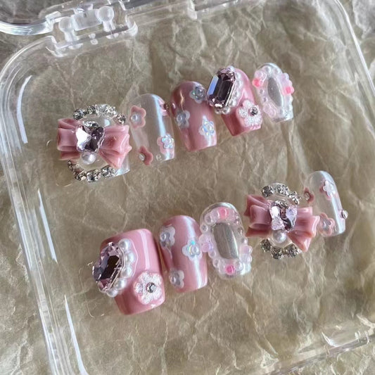 Pure handmade Sweetheart Spicy Girl High grade Nail Wearing Short Style Checkerboard with Diamond Moon Silver Butterfly Nail