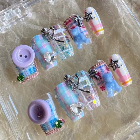Purple blue button nails, long nails, short nails