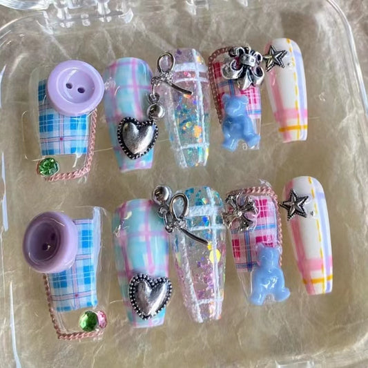 Purple blue button nails, long nails, short nails