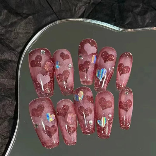 Sweetheart girl Nail art, pink, sparkling, starry, peach, love, romantic, and minimalist elements