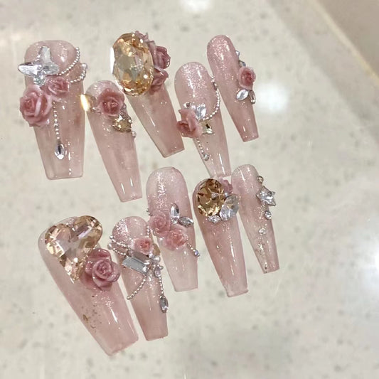 Customized Wearing Nail with Two Color Carved Rose Versatile Naked Color Nail Enhancement