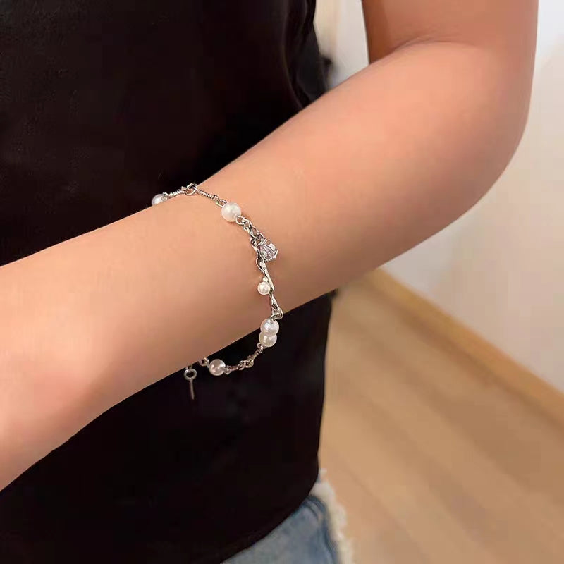 Wave pleated pink diamond bow pearl necklace women's ins sweet and spicy Y2K niche design collarbone chain