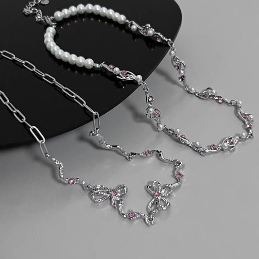 wrinkled pink diamond bow pearl necklace for women's ins sweet and spicy Y2K niche design collarbone chain