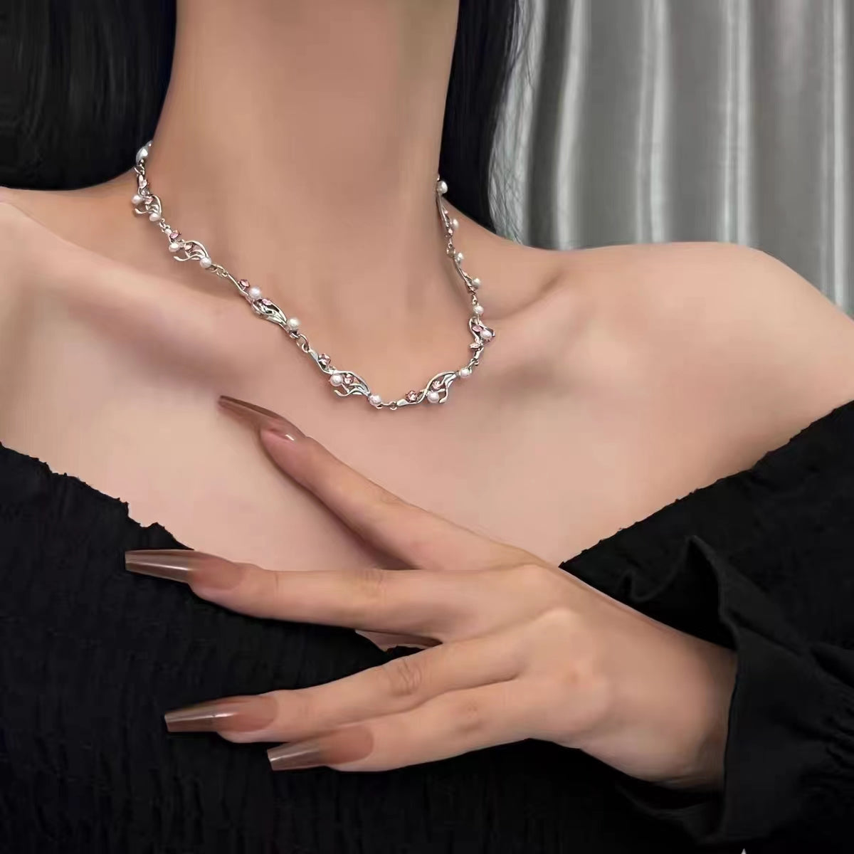 wrinkled pink diamond bow pearl necklace for women's ins sweet and spicy Y2K niche design collarbone chain