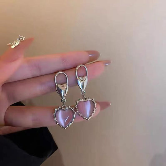 S925 Silver Needle Sweet Cool Pink Cat Eye Stone Love Earrings Simple and Personalized Versatile Style Fashion Earrings Earrings