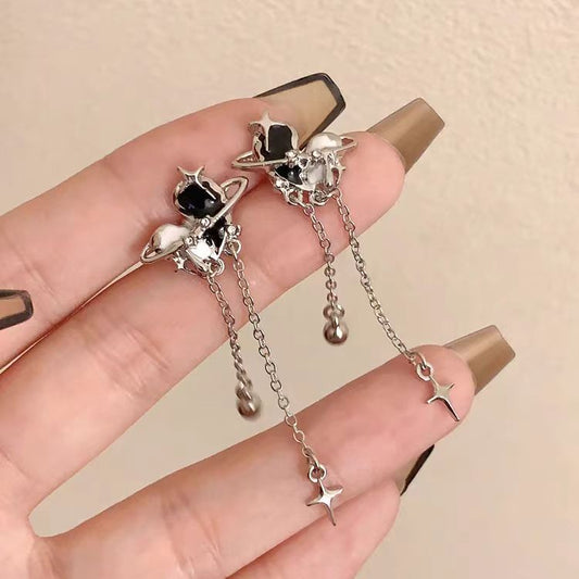 Original S925 Silver Needle Sweet Cool Color Contrasting Love Earrings for Women, Junior High end, Long Style Tassel Earrings 7216