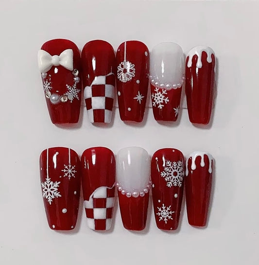 Red bow snowflake Christmas nails