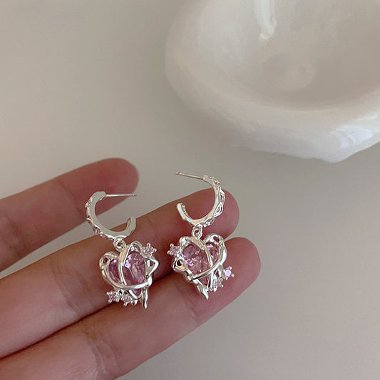 Irregular matte metal pink zircon love earrings women's niche design personalized versatile earrings