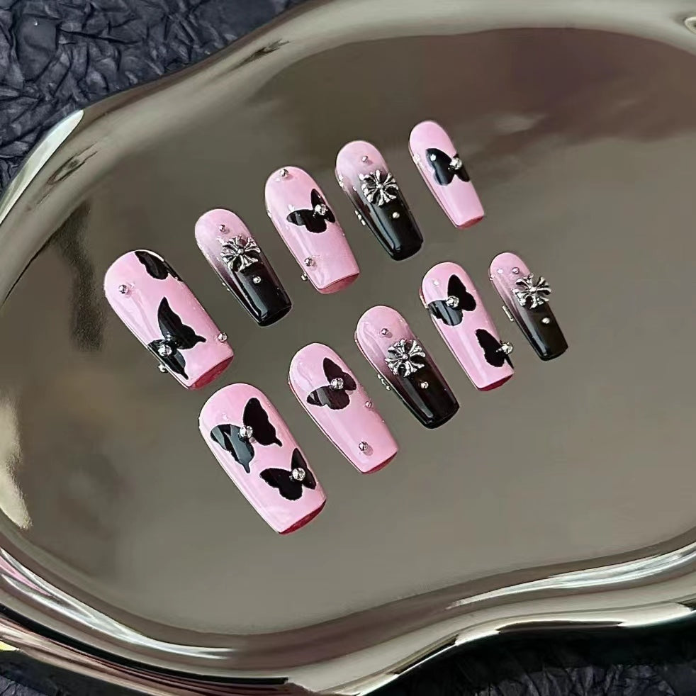 Black Crushed Diamond Butterfly Gradient Pile Diamond New Internet Red Spicy Girl Nail Beauty Wearing Armor Finished Product