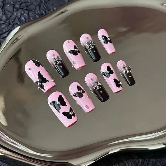 Black Crushed Diamond Butterfly Gradient Pile Diamond New Internet Red Spicy Girl Nail Beauty Wearing Armor Finished Product