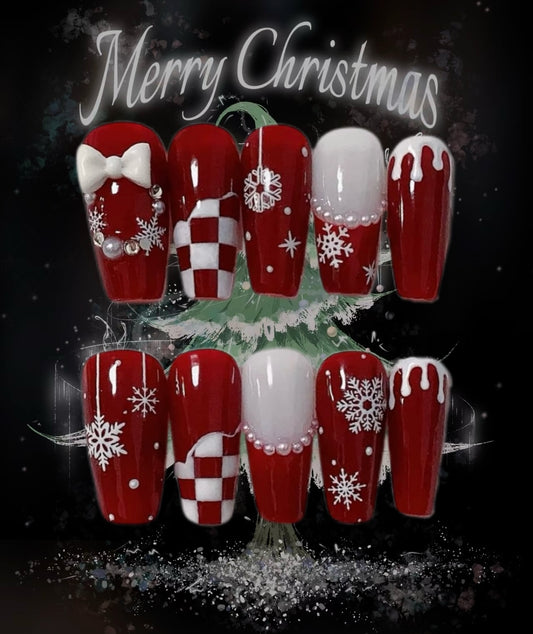 Red bow snowflake Christmas nails