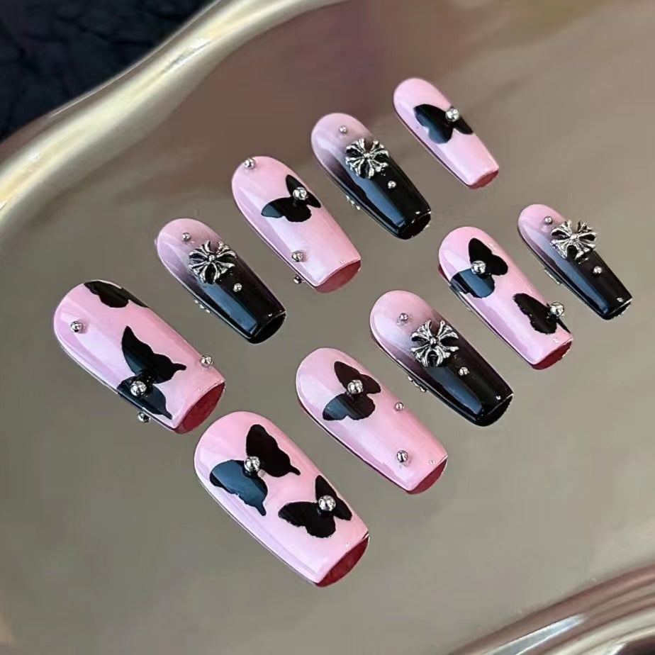 Black Crushed Diamond Butterfly Gradient Pile Diamond New Internet Red Spicy Girl Nail Beauty Wearing Armor Finished Product