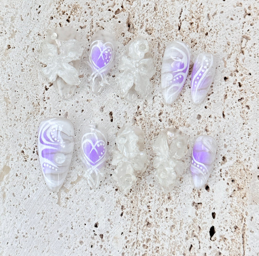 Ethereal 3D Floral Nail Set with Lavender Accents