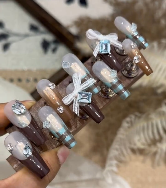 Ice blue brown plaid bow