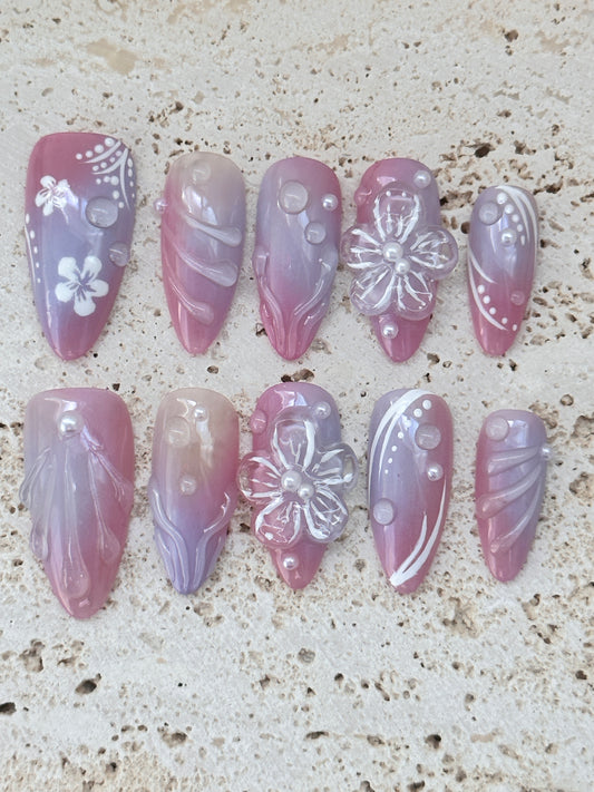 Dreamy purple hand-painted floral 3D three-dimensional wearing armor, romantic and exquisite fingertip art