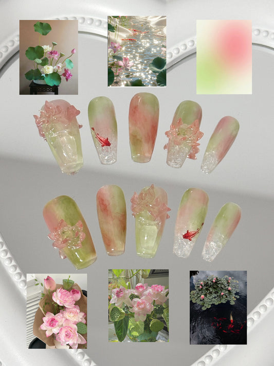 Serene Lotus Pond Nail Art Set（size M）