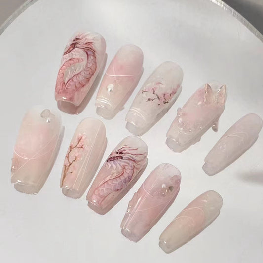 Customized Wearing Armor 2024 New Dragon Year Painted Pink Dragon New Year Nail