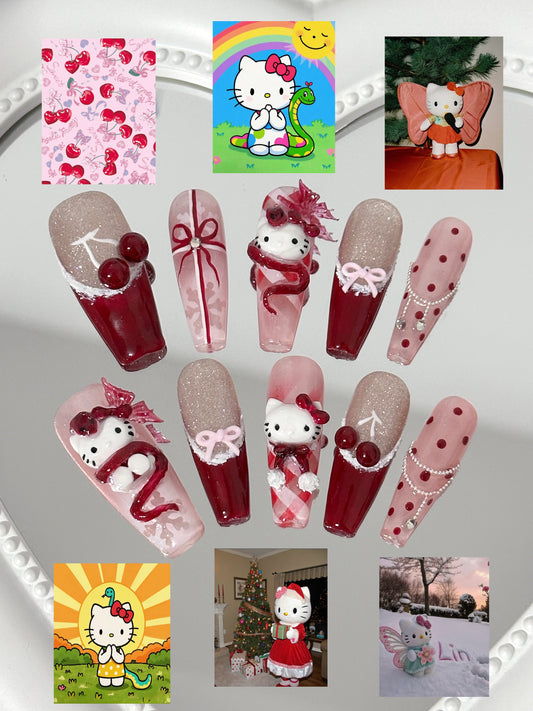 Festive Hello Kitty & Cherry Nail Art（size M）