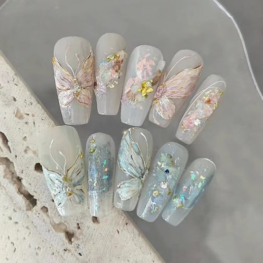 Blue pink nail butterfly sticker 2024 new high-end dopamine 3D relief white liquid